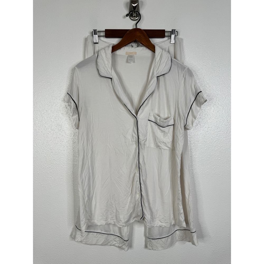 Eberjey Gisele Pajama Set White Navy Piping Modal Short Sleeve Top Crop Pants M